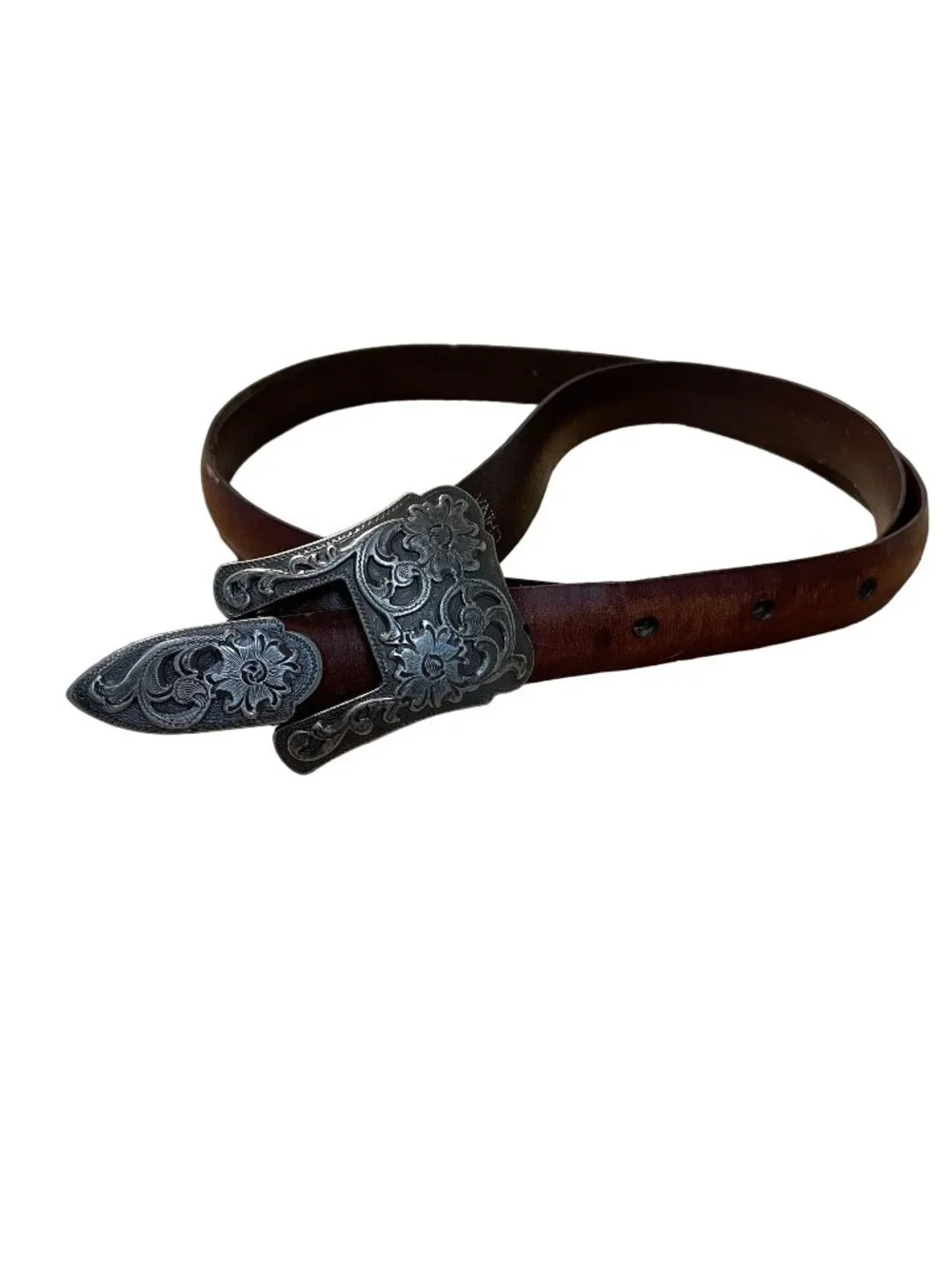 Italian Leather Western Belt Women L Engraved Buckle  Brown Distressed Floral